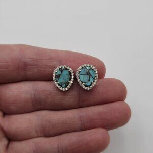 Sterling Silver Turquoise Stone Cubic Zirconia Stud Earrings A2242